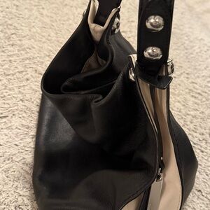 Chic Vince Camuto Black and Cream Handbag with Silver Accents